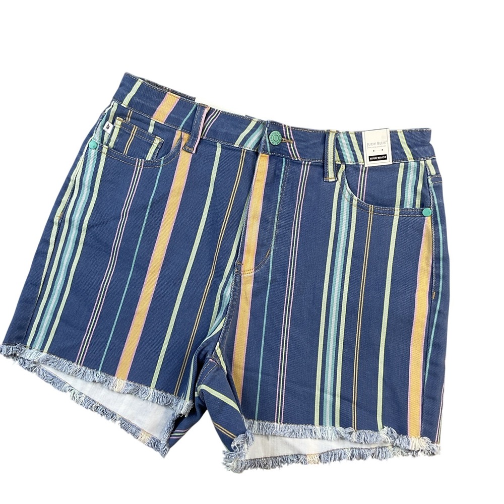 Judy Blue Denim Shorts Womens Large Striped High Waist Raw Hem Jean Cutoffs NWT